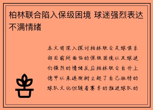 柏林联合陷入保级困境 球迷强烈表达不满情绪 柏林联合陷入保级困境 球迷强烈表达不满情绪