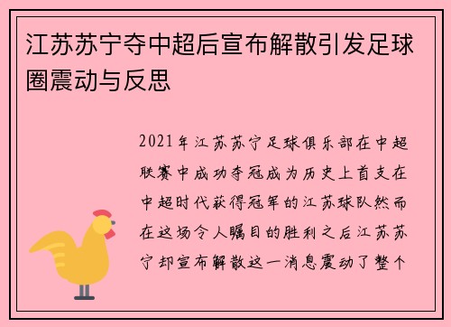 江苏苏宁夺中超后宣布解散引发足球圈震动与反思