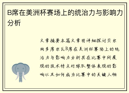 B席在美洲杯赛场上的统治力与影响力分析